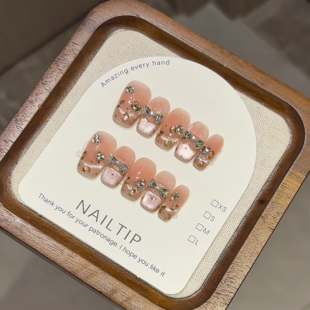 纯手工蝴蝶结豹纹可爱少女猫眼手绘粘钻新款闪亮粉嫩公主穿戴甲