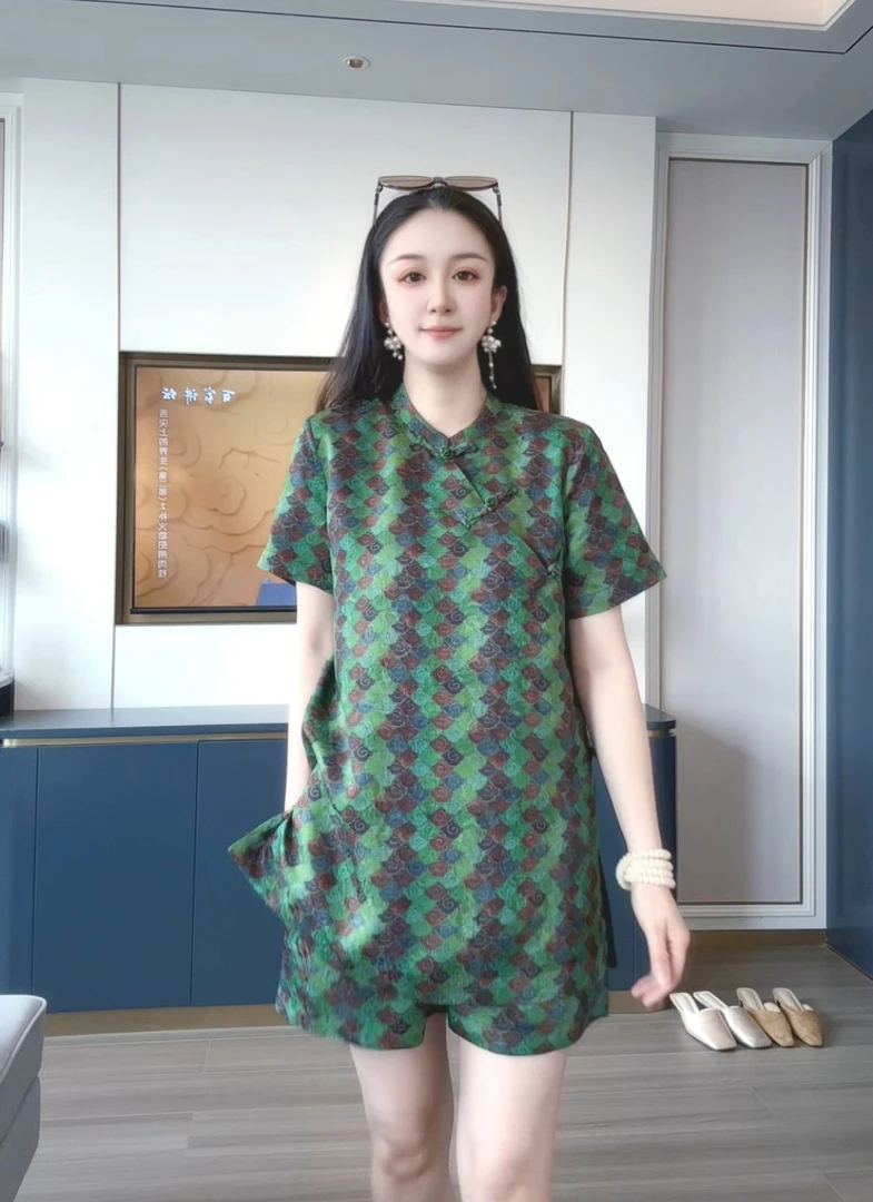 【翡翠云海】夏季新款新中式人丝提花国风套装系列（上衣短裤分开拍）