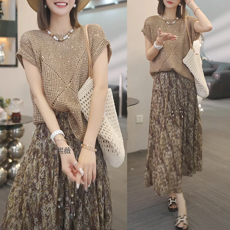 法式时尚套装女2025新款高级感气质镂空针织上衣碎花半身裙两件套