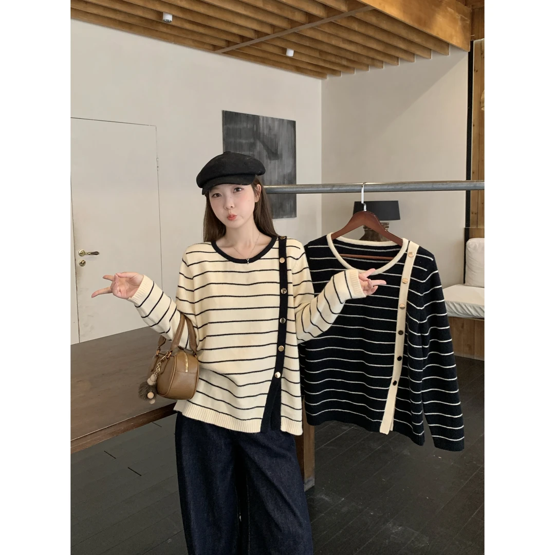 清大码女设计感韩系撞色条纹针织衫2025秋冬高级感软糯毛衣68739