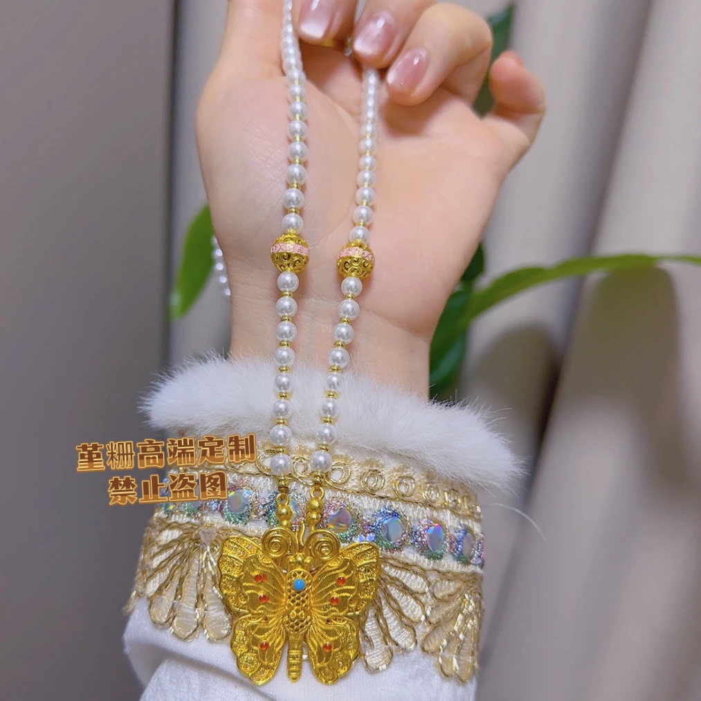 合金仿珍珠项链 粉花丝球贝珠链配韦雪同款大蝴蝶