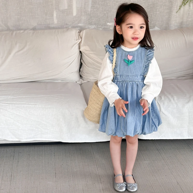 【橘子家】女童2025春季长袖牛仔连衣裙洋气森系花苞短裙HS51137