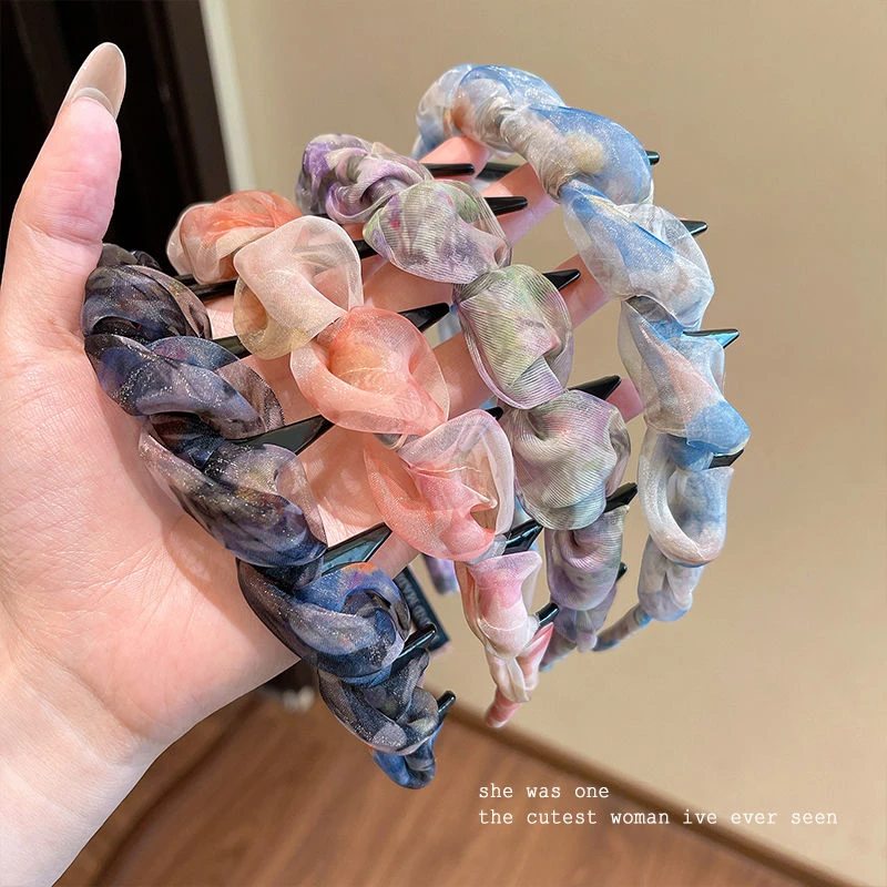 法式晕染网纱带齿发箍女百搭高颅顶蓬松头箍正反两戴发卡发捆发饰