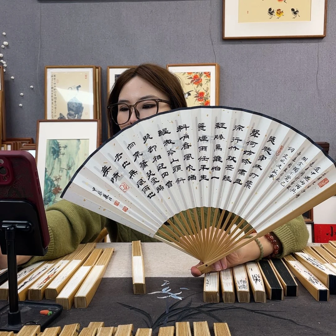 国画95寸玉竹-纯手绘-文玩扇骨（默认粘好）