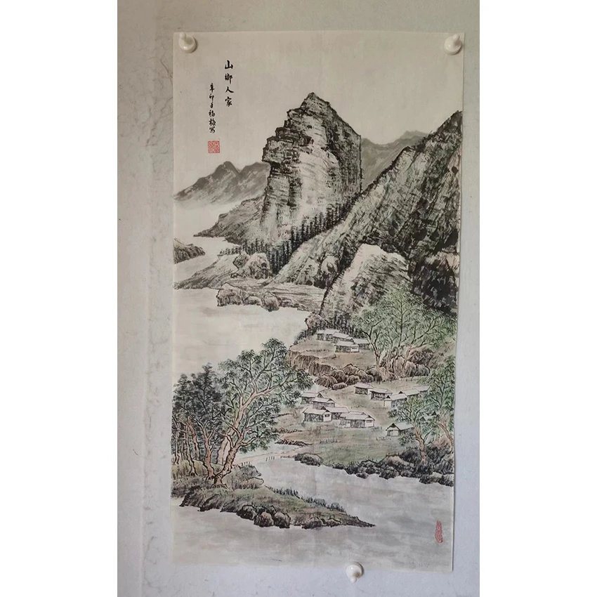 3048  纯手绘老字画《山乡人家》中堂  尺寸 99×52