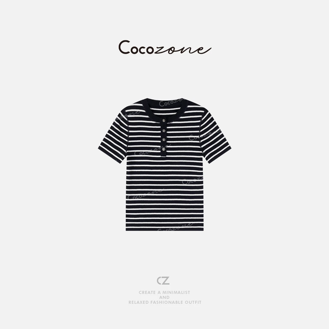 COCO ZONE 刘一一“亨利衫”条纹半纽扣圆领短袖针织衫ACD1A0157