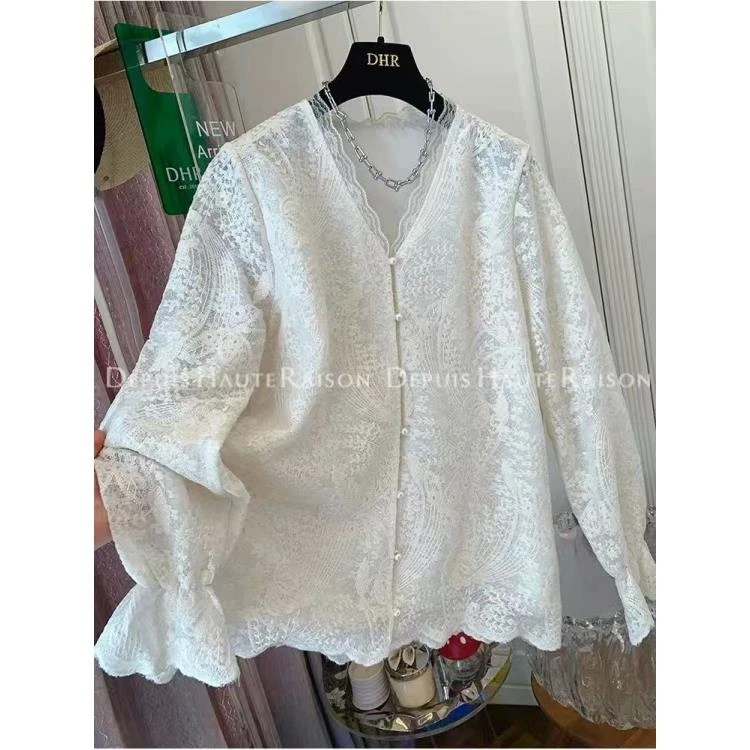 2025春季新款时尚蕾丝打底衫女显瘦木耳边开衫别致法式衬衫女上衣