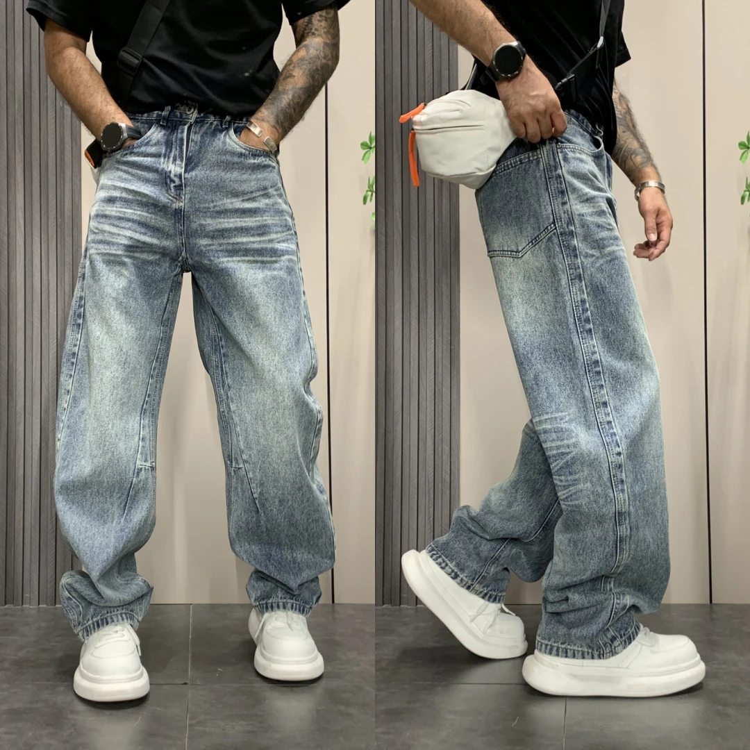 美式痞帅牛仔长裤男2025秋季新款休闲宽松直筒复古渐变水洗牛仔裤