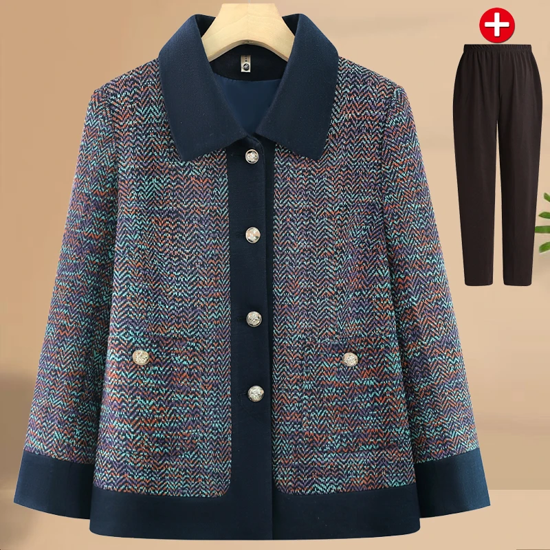 小香风中老年妈妈女装外套春装拼接上衣奶奶呢子大衣短款翻领衣服