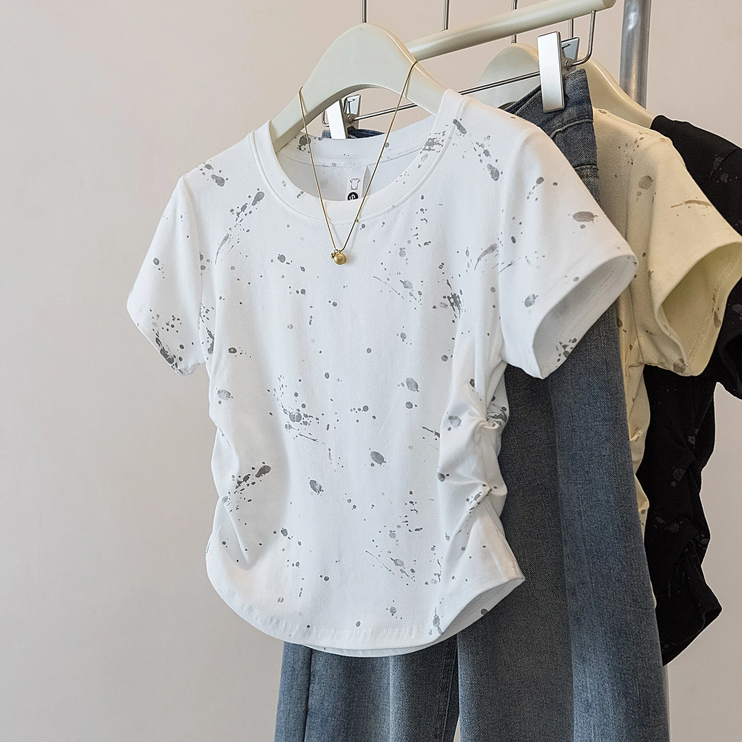 yoewshean/羽媗微胖mm大码女装短袖t恤收腰显瘦宽松泼墨点上衣