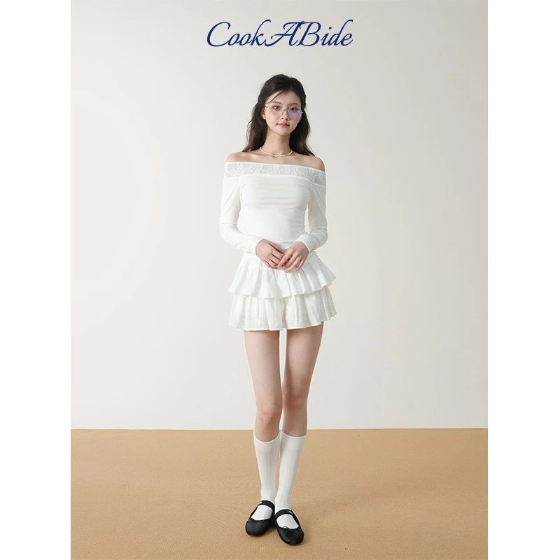 CookABide 蕾丝拼接一字肩长袖上衣T恤