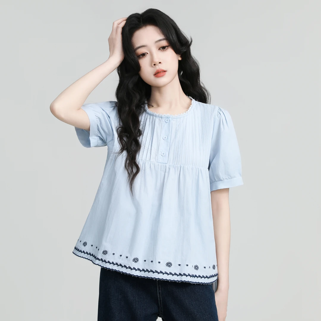 法式复古蓝色短袖衬衫女夏季2025新款遮肚子娃娃衫衬衣别致短上衣
