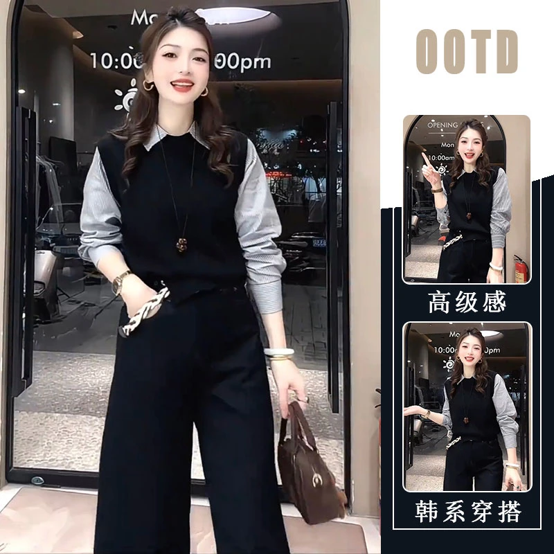 女秋冬新款韩系小个子假两件拼接条纹衬衫领百搭上衣牛仔裤两件套