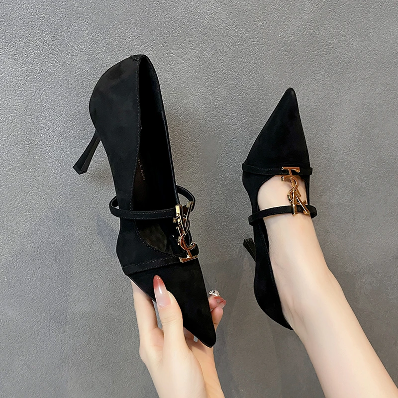 四季尖头一字带春秋季7.5厘米细跟高跟鞋浅口复古黑色百搭单鞋