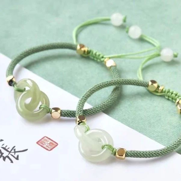 天然新疆和田玉晴水色环环相扣简约手链手工小众计百搭平安扣手链