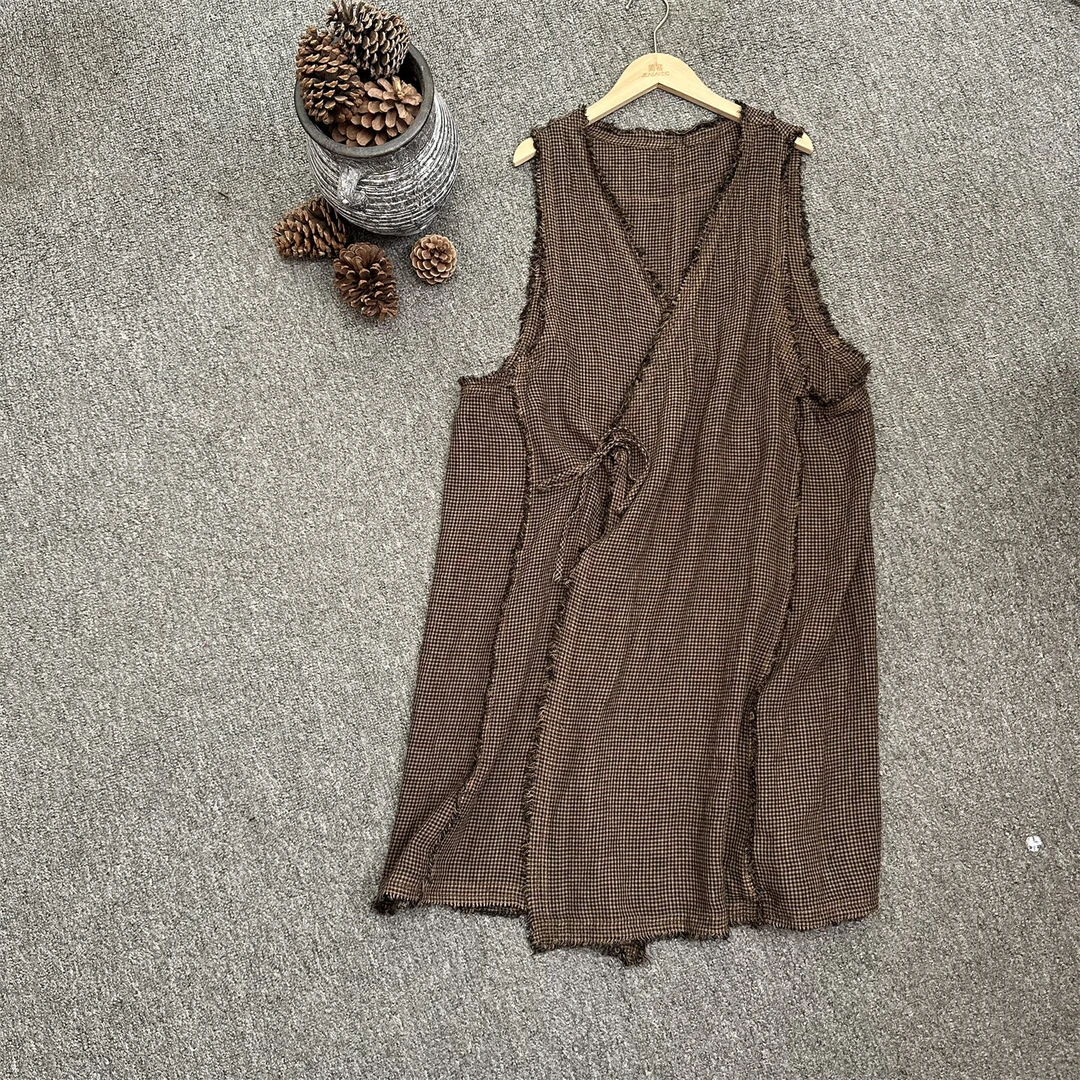 复古亚麻格纹毛边斜襟系带V领马甲夏季新款百搭叠穿简约女坎肩