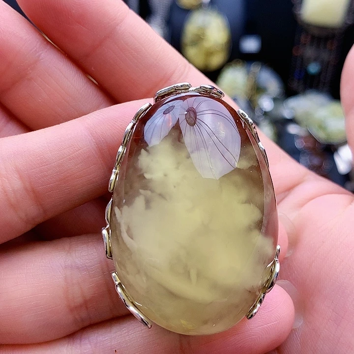 琥珀裸石银S925镶嵌戒指