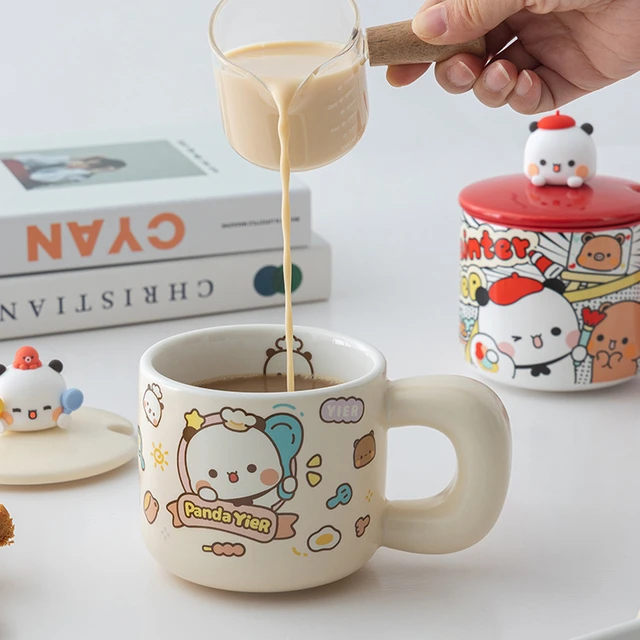 熊猫一二布布早餐杯燕麦杯创意陶瓷杯子马克杯学生带盖勺水杯礼物