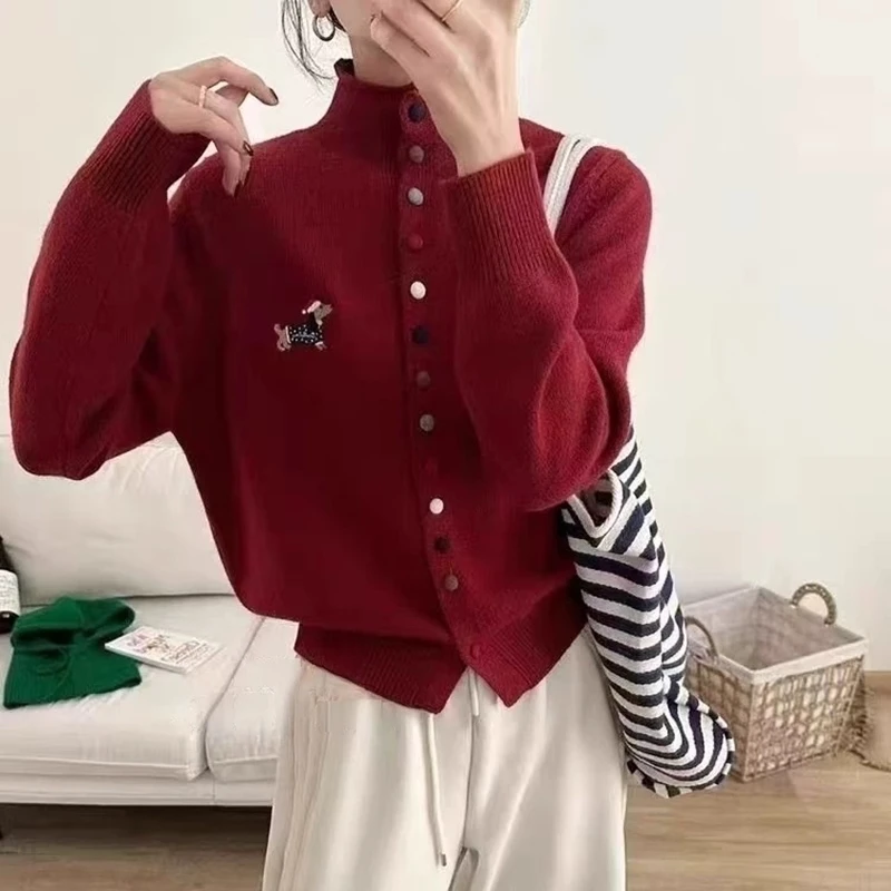 时尚洋气纯色半高领针织开衫宽松保暖外套毛衣女秋冬季新款外搭潮