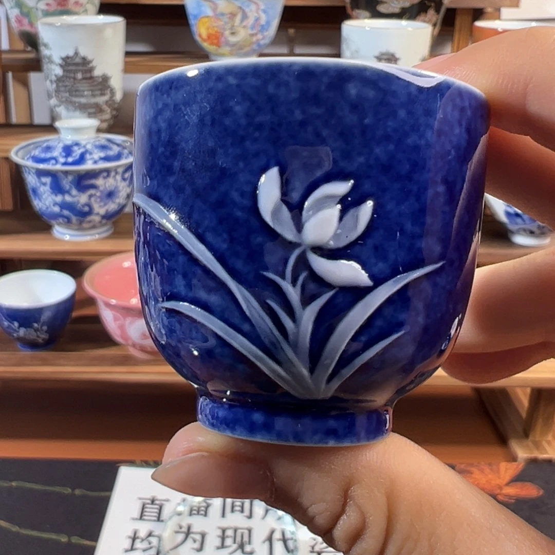知冬煮雪手工手绘茶具-洒蓝堆白小品茗杯（无底款）