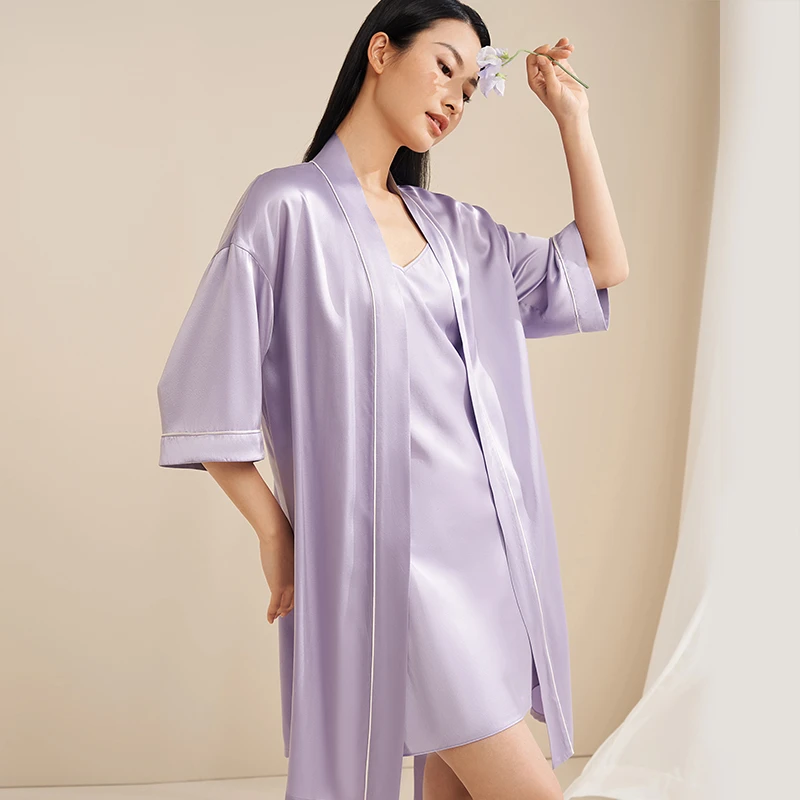 【金三塔官方】100真丝凉滑睡袍宽松中袖春夏单袍女士桑蚕丝家居服