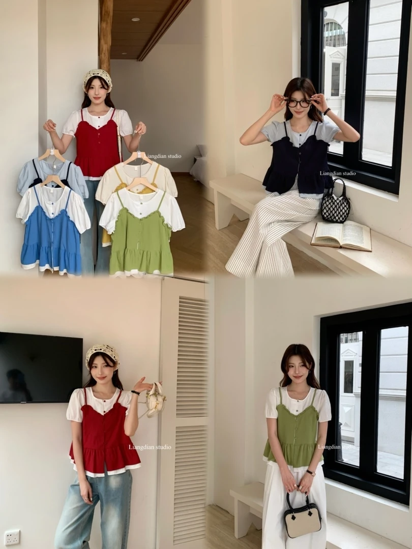 薄款立体装饰短袖夏季法式衬衫小众泡泡袖撞色韩版宽松上衣