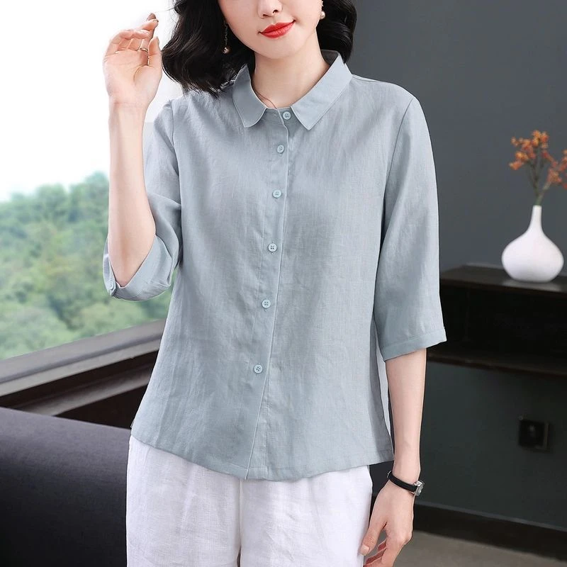 夏季凉爽纯色翻领棉麻衬衫女洋气减龄五分袖宽松上衣时尚休闲上衣