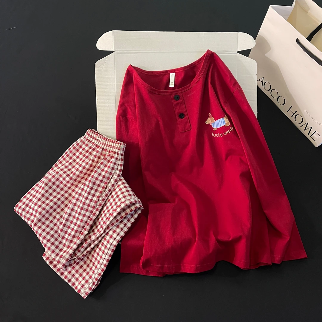 睡衣女春秋季纯棉长袖25新款可外穿大码全棉冬红色小狗家居服套装