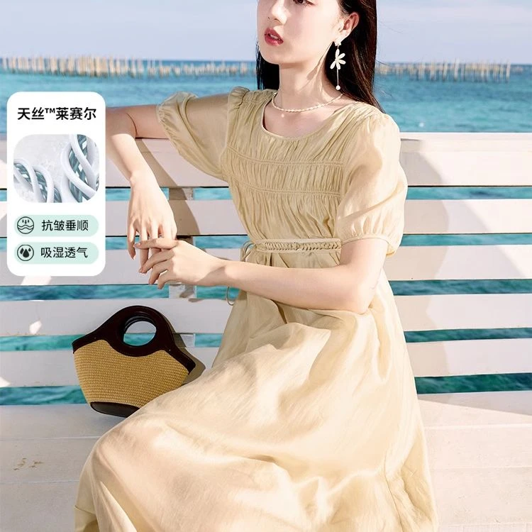 【直播专享】Q642614连衣裙 香影褶皱泡泡袖连衣裙女夏季新款海边