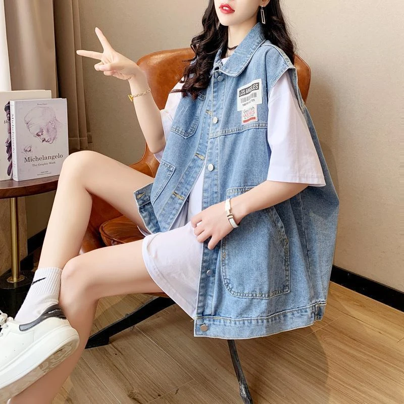 特大码300斤胖牛仔马甲背心女春装口袋宽松韩版马夹外套百搭200