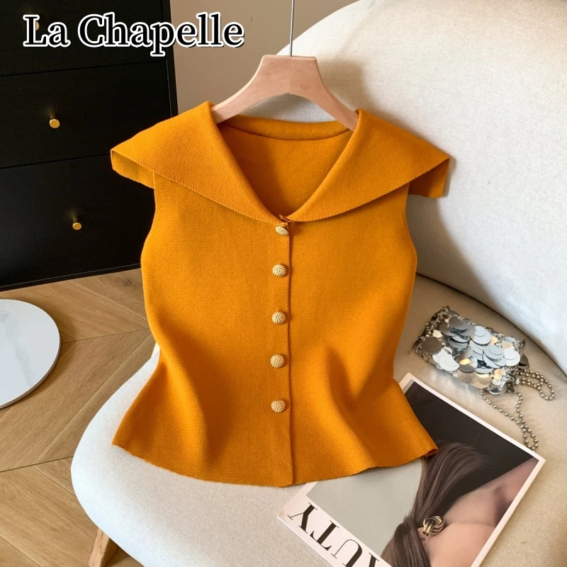 拉夏贝尔夏季纯欲设计感海军领单排扣背心百搭宽松显瘦无袖上衣女