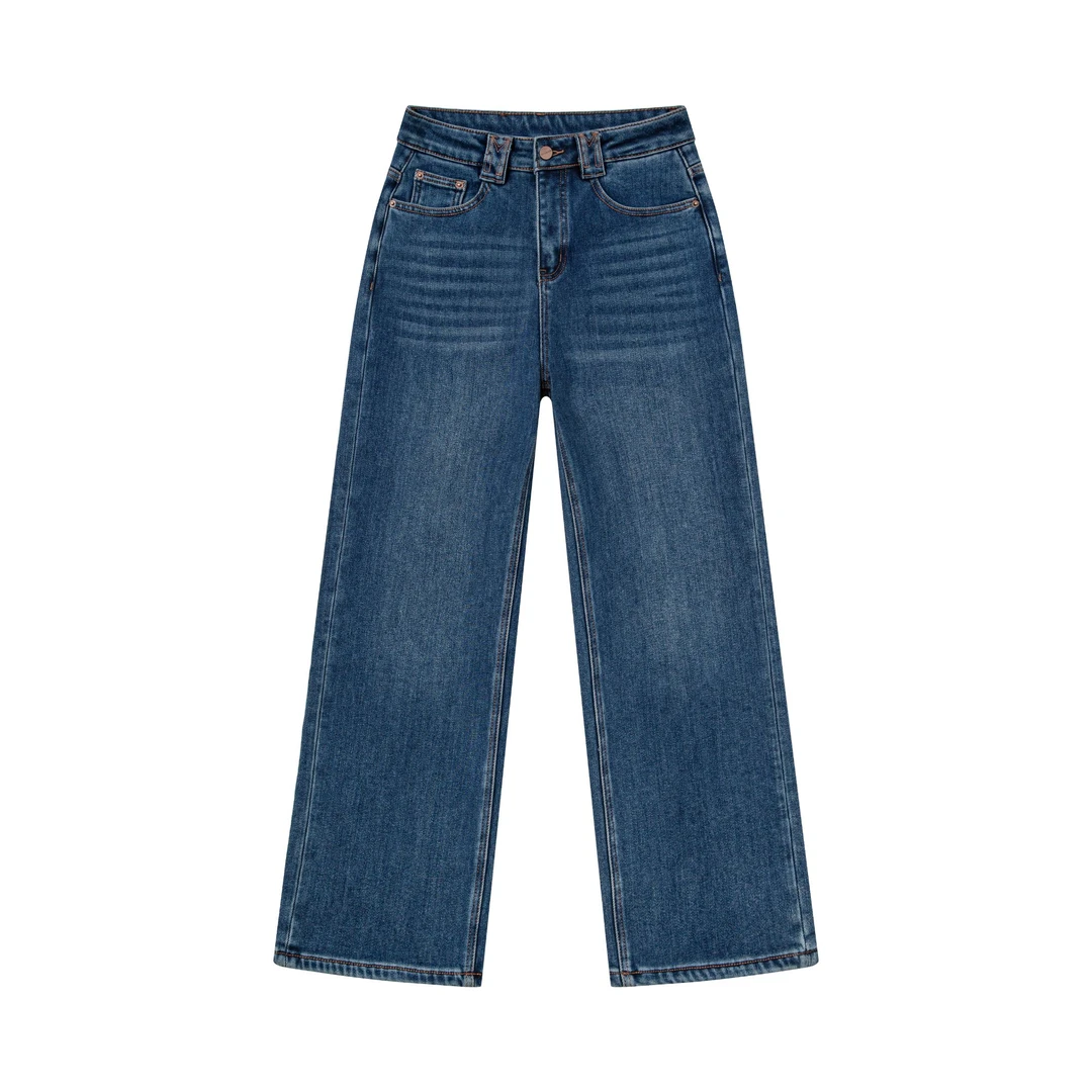 复古蓝加绒直筒牛仔裤女款爆款高腰百搭显瘦阔腿裤子冬2025新款
