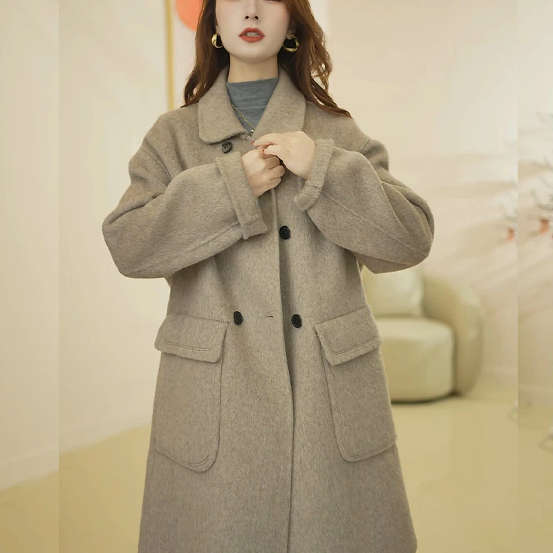 双面羊毛大衣中长款双面呢外套保暖呢子大衣毛呢大衣手工缝制