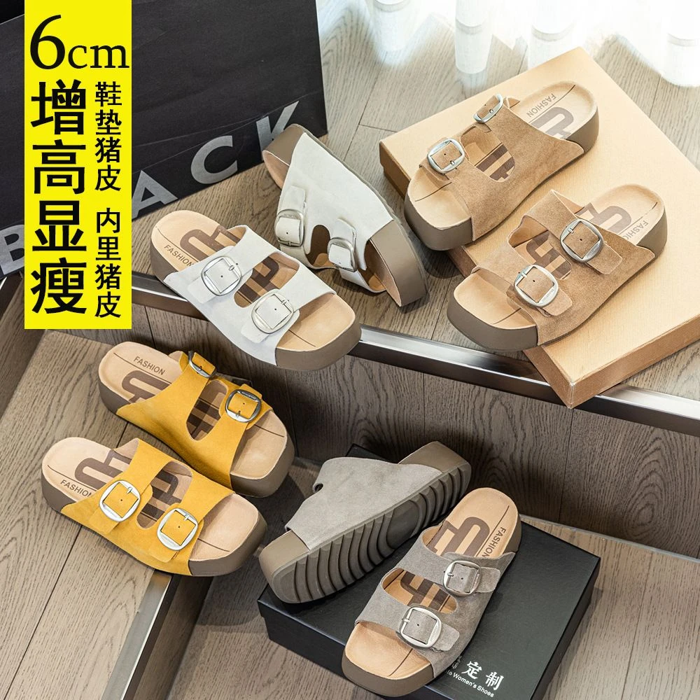 真皮厚底勃肯鞋外穿仙女新款双排金属扣松糕一字拖鞋沙滩凉拖鞋夏