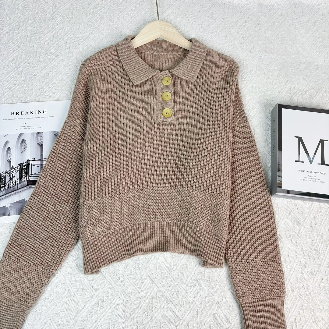 玲姐定制-翻领Polo领纯色宽松微短通勤落肩短款针织毛衣493117