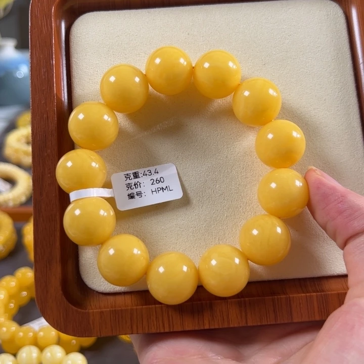 蜜蜡未镶嵌珠宝奇石18mm鸡油黄浓蜡圆珠飘花小年份hpml