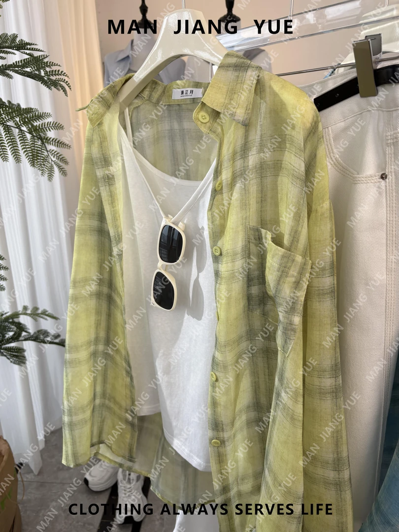 美式复古格子Polo领长袖衬衫女夏季小个子外搭宽松开衫