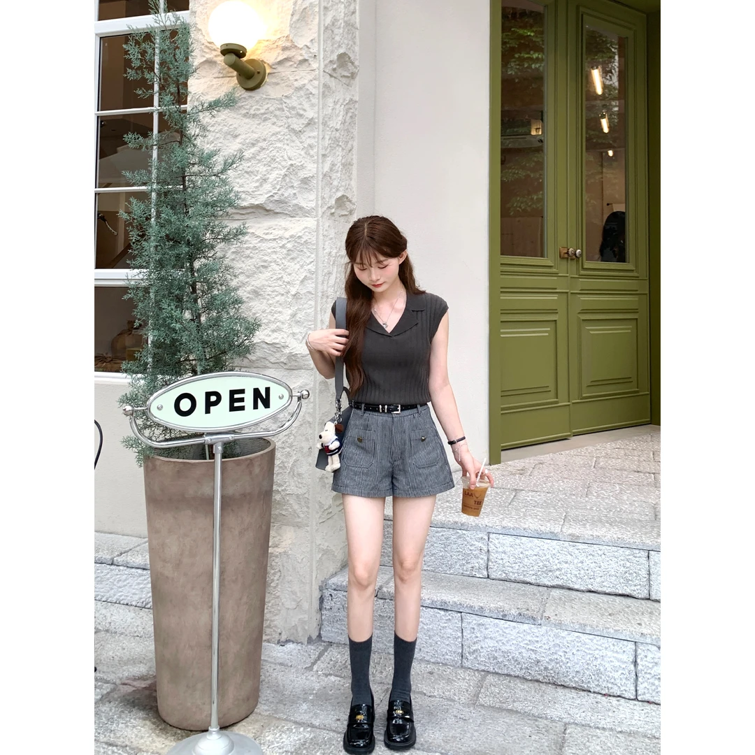 切糕自制【黑昼白夜】小个子秋季百搭质感条纹显瘦休闲短裤