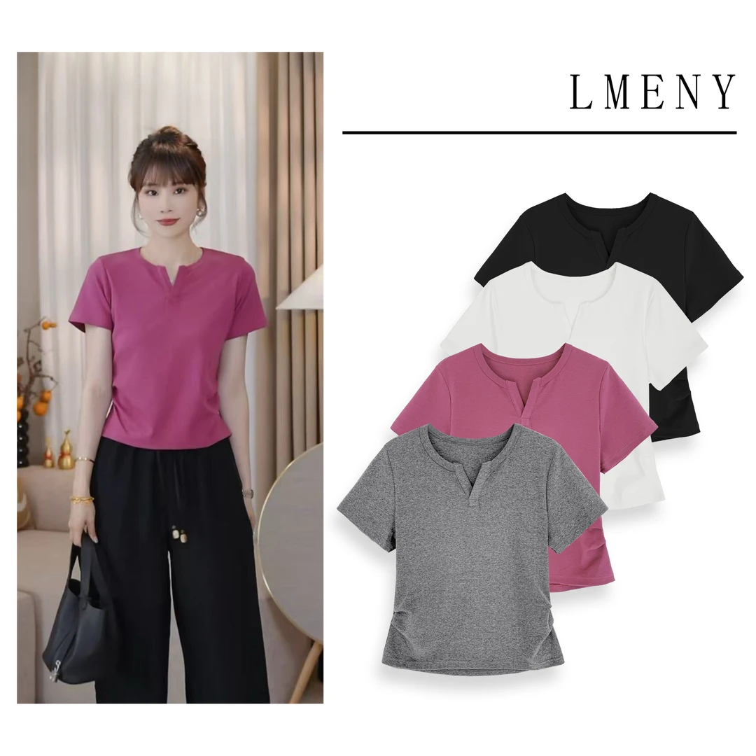 LMENY小V领T～设计感小V领侧边收褶显瘦百搭T恤25BT043