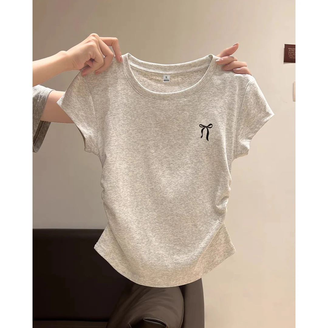 【天猫同款】2025夏季短袖T恤女抽褶紧身显瘦百搭T恤时尚气质T恤女