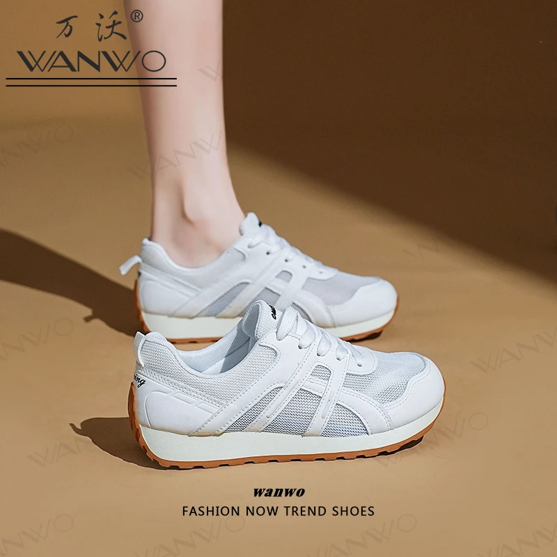 WANWO网面透气小白鞋女2025夏季新款网红德训鞋运动透气跑步鞋