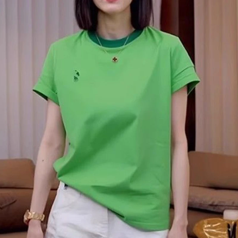 【纯棉】小众炸街高级感女装2025夏季新款刺绣撞色圆领短袖女t恤女