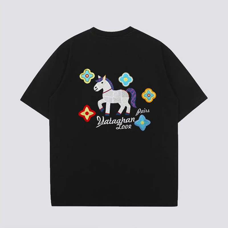 光变刺绣彩马轻奢夏季新潮牌重磅纯棉圆领短袖T恤宽松男女同款