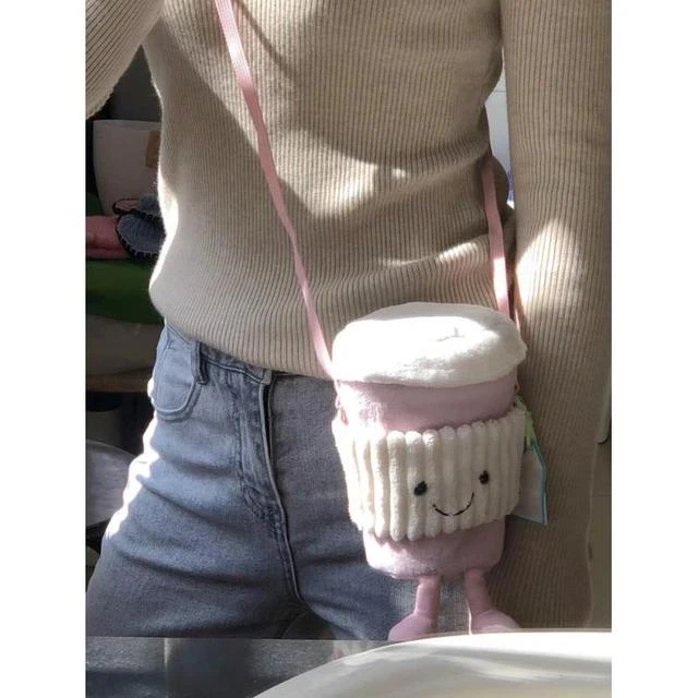 2025新款卡通趣味咖啡包随行单肩包可爱毛绒包斜挎女包粉色奶茶包
