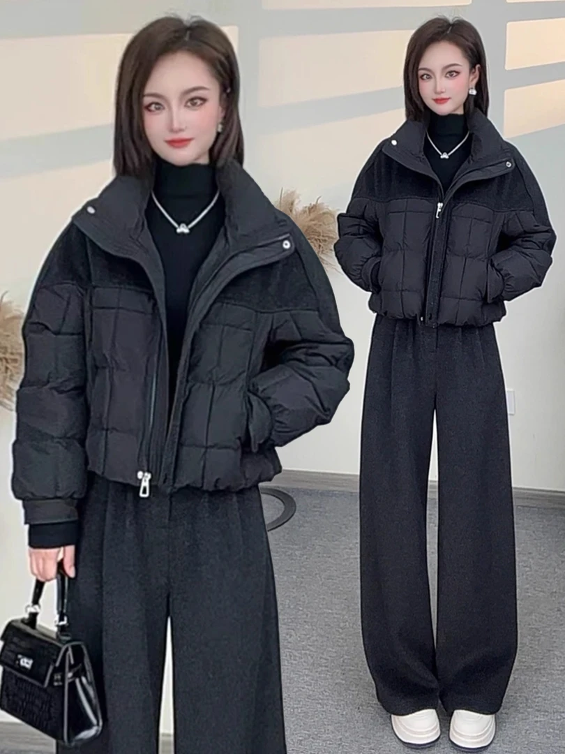 时尚套装女2025冬季新款洋气宽松显瘦拼接棉服外套阔腿裤两件套潮