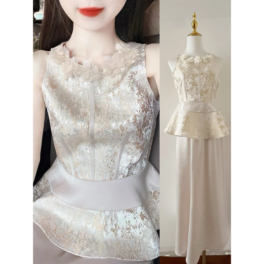 新中式国风套装贵气千金感提花无袖背心上衣缎面半身裙2025两件套