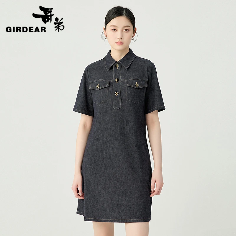 GIRDEAR/哥弟新款直筒短袖连衣裙简约显瘦针织牛仔布牛仔裙150015