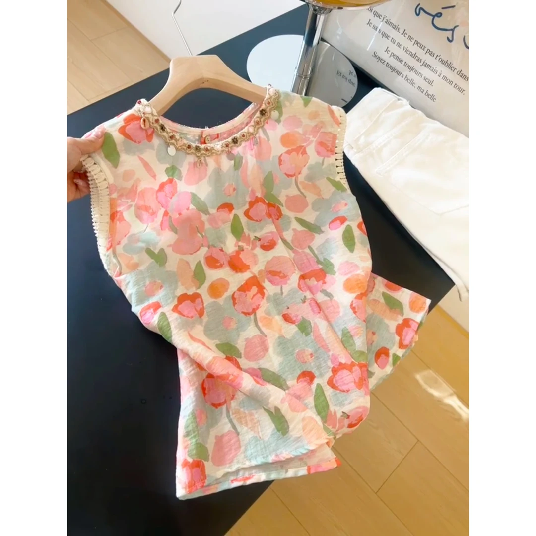 2025夏季新款无袖蜜桃粉背心女高级感通勤上衣百搭花边设计感衬衫