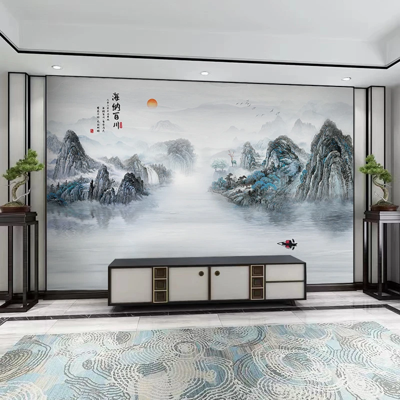 定制墙纸唯美山水新中式壁纸壁布装饰客厅影视墙布壁画墙贴大气