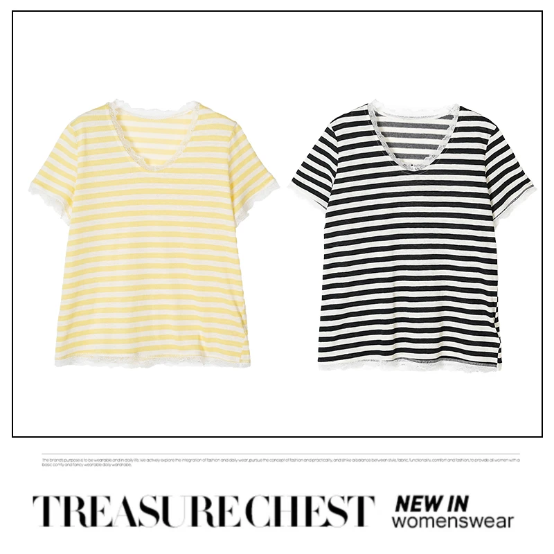 乔儿定制【条纹蕾丝】显瘦时尚百搭T恤女百搭宽松撞色蕾丝边上衣薄
